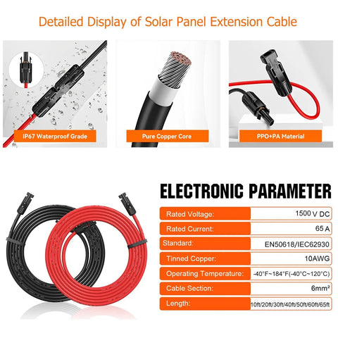 10 AWG Solar Extension Cable 50 Ft Red And Black With Universal Solar Connectors Plug And Play Weatherproof PV Wire details