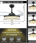 42 Inch Retractable Ceiling Fan Chandelier With Lights And Remote Crystal Fandelier With Retractable Blades for Bedrooms