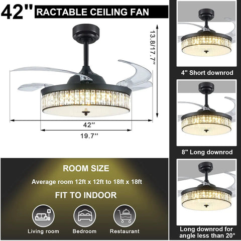 42 Inch Retractable Ceiling Fan Chandelier With Lights And Remote Crystal Fandelier With Retractable Blades for Bedrooms