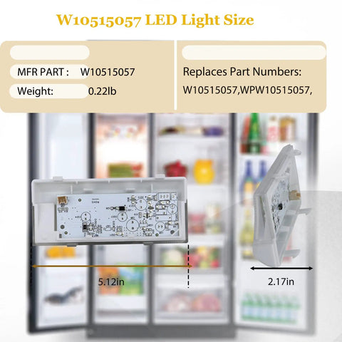 Freezer Light Replacement Bulb W10515057 Fits Wrs325fdam02 And 1064 1065 Series, size and specs highlighted on diagram.