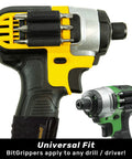 BitGripper V2 Side Mount Drill Bit Holder Pack Of Four With Ultra Strong 3M Adhesive on yellow and green drills