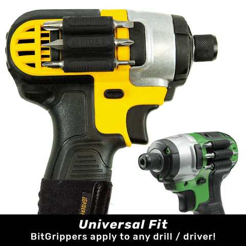 BitGripper V2 Side Mount Drill Bit Holder Pack Of Four With Ultra Strong 3M Adhesive on yellow and green drills