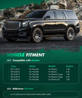 Large black SUV parked in front of rocky landscape with vehicle fitment details for Hyundai Elantra models on display.
