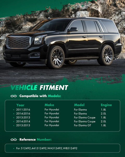 Large black SUV parked in front of rocky landscape with vehicle fitment details for Hyundai Elantra models on display.