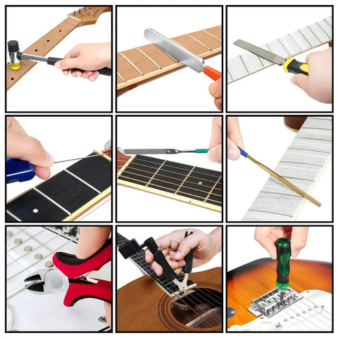 All In One Pro Guitar Setup And Repair Tool Kit With Work Mat And Neck Rest Cradle For Luthier Style Repairs tools in use