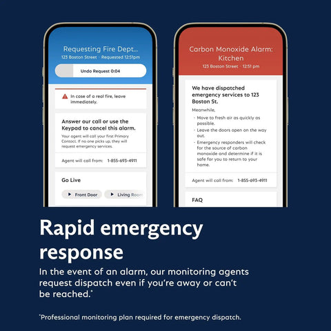 No Sweat Smoke And Carbon Monoxide Alarm Listener With Seamless Smart Home Hookup showing emergency response screen on smartphone.