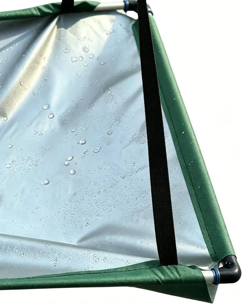 Close-up of the fabric and frame of a Garden Rain Collector Kit For Eco Friendly Water Harvesting With Hose And Filter System Tool Free Assembly