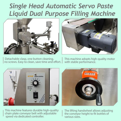 Close-up of Plug And Play Automated Single Nozzle Filling Machine 100 To 1000ml, servo motor and speed control for liquid dispensing.