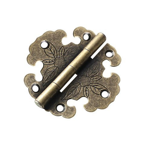 Vintage Round Flower Hinge Kit For Jewelry Boxes And Small Cabinets Rock Solid Zinc Alloy Build Top Shelf Antiqued Finish decorative hinge close-up