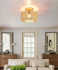 Rattan Ceiling Light Fixture With Woven Wicker Shade, Boho Coastal Chic Chandelier in living room, wood tone finish, easy install