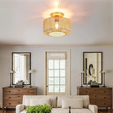 Rattan Ceiling Light Fixture With Woven Wicker Shade, Boho Coastal Chic Chandelier in living room, wood tone finish, easy install