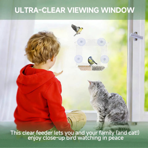 Child and cat watching birds at window with Window Bird Feeder With 4 Ultra Strong Suction Cups, Clear Dual Seed Tray