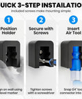 Quick installation steps for Heavy Duty Quarter Inch Air Tool Holder Wall Mount, showcasing screw tightening and tool insertion.