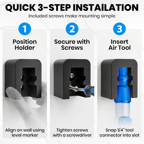 Quick installation steps for Heavy Duty Quarter Inch Air Tool Holder Wall Mount, showcasing screw tightening and tool insertion.