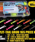 All In One Trout Fishing Lure Kit 165 Piece Set With Split Tail Grub Worms Shad Dart Jig Heads Floats And Sinkers displayed