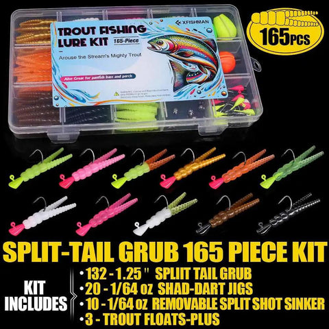 All In One Trout Fishing Lure Kit 165 Piece Set With Split Tail Grub Worms Shad Dart Jig Heads Floats And Sinkers displayed