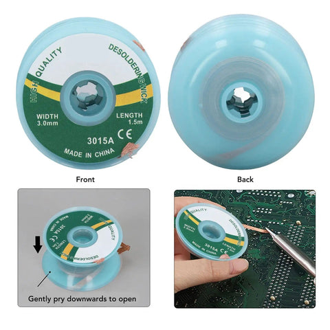 Front and back view of desoldering solder wick braiding 3mm by 1.5m pack of five copper alloy for PCB repair and electronics use, with usage instruction.