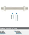 Carrigan Polished Nickel Cabinet Pull Three And Three Quarters Inch Center To Center 96mm 1 Pack with mounting hardware displayed