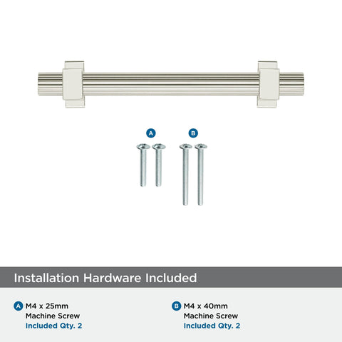 Carrigan Polished Nickel Cabinet Pull Three And Three Quarters Inch Center To Center 96mm 1 Pack with mounting hardware displayed
