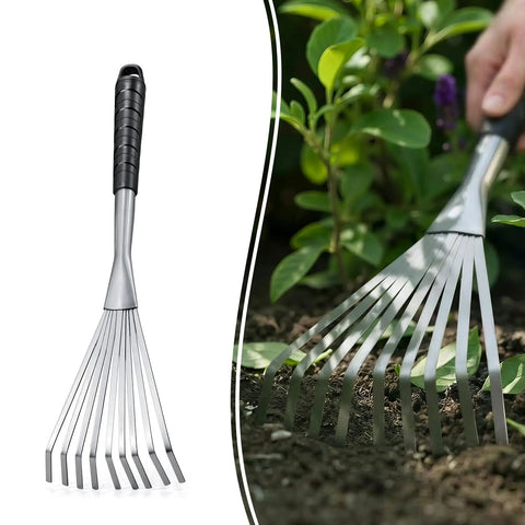 Hand Rake 16.5 Inches For Tight Spots And Flower Beds With 9 Flat Tines shown on a white background and in use in garden soil