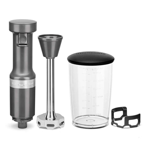 Total Kitchen Workhorse Variable Speed Corded Hand Blender With Removable Eight Inch Arm and Sharp Stainless Blades for Blending Soups and Making Smoothies Using Quick Trigger Controls In Sleek Charcoal Grey components including arm, jug, and funnel.