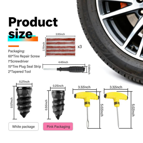 Beefed Up All In One Flat Tire Repair Kit With 60 Screws, 15 Tire Plugs, Seal Strips, Screwdriver, Drill, Tapered Tools, Tire Close-up