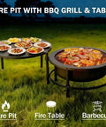52 Inch Outdoor Wood Burning Fire Pit Table Combo With 28 Inch Bowl And 26 Inch Rotating Table For Grilling Dining And Backyard BBQ Vibes For Four To Six People Cold Finished Steel Weatherproof Cover Poker And Grill Brush Included displayed with food.