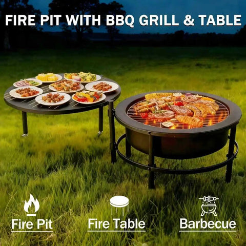 52 Inch Outdoor Wood Burning Fire Pit Table Combo With 28 Inch Bowl And 26 Inch Rotating Table For Grilling Dining And Backyard BBQ Vibes For Four To Six People Cold Finished Steel Weatherproof Cover Poker And Grill Brush Included displayed with food.