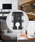 Illustration of Two Pack USB Wall Charger Surge Protector With 5 Outlets And 4 USB Ports Including USB C 1800 Joule Power Strip 3 Sided Outlet Extender Wall Adapter For Your Home Office Black in various home settings.