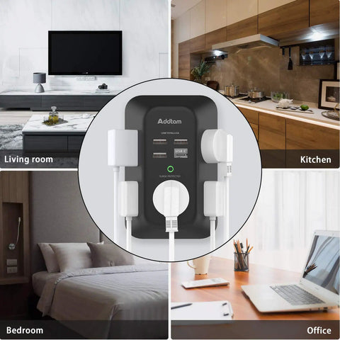 Illustration of Two Pack USB Wall Charger Surge Protector With 5 Outlets And 4 USB Ports Including USB C 1800 Joule Power Strip 3 Sided Outlet Extender Wall Adapter For Your Home Office Black in various home settings.