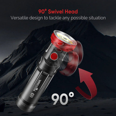 Two Pack Rechargeable LED Flashlight Set With 1000 Lumen Power and 90 Degree Swivel Head in mountain background