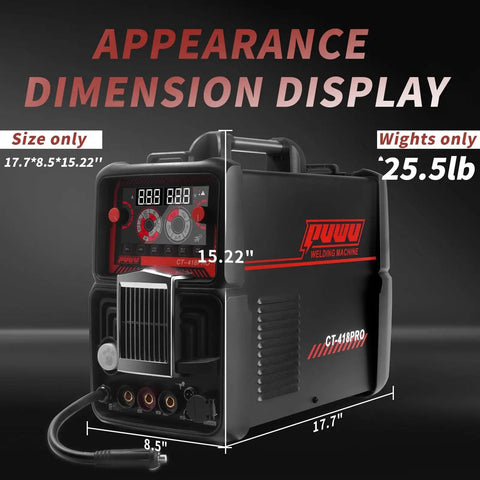 Side view of 5 In 1 Plasma Cutter And Welder Combo With Dual Voltage 110V And 220V, dimensions 17.7 x 8.5 x 15.22 inches, black.