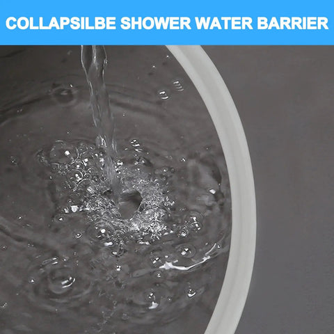 67 Inch Collapsible Shower Threshold Water Dam Made of Silicone with water flowing over it, white flexible barrier