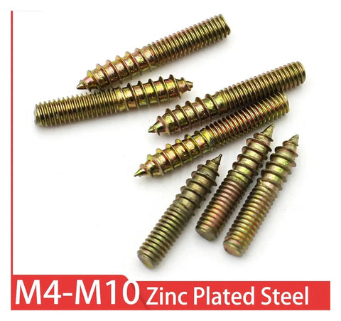 Yellow Zinc Plated Dowel Screw Hanger Bolts Double Headed Self Tapping Fasteners For Wood Furniture M4x16mm shown on white background