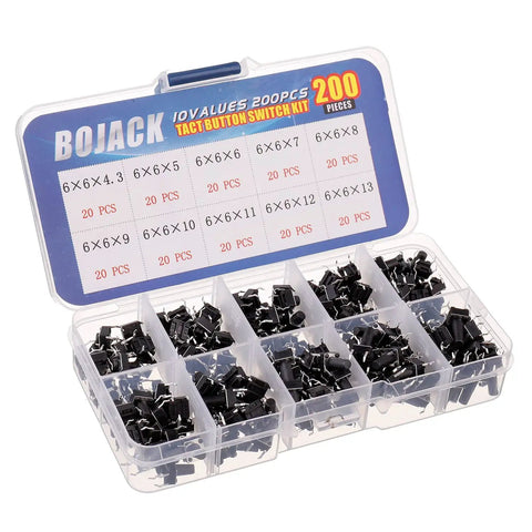 Tactile Pushbutton Switch Kit 200 Pcs 6x6 mm 4 Pin Momentary Assortment in clear plastic case with 10 value heights from 4.3mm to 13mm