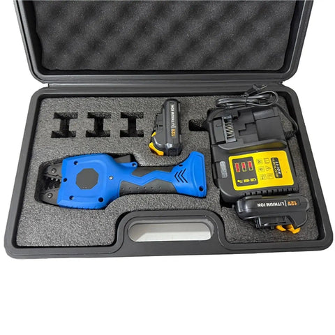 Top Tier Lightweight 12V Electric Cold Crimping Tool Ga-50Km Battery Terminal Pliers with battery and charger in a storage case.