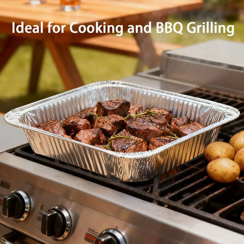 Forty Pack Disposable 9x13 Aluminum Foil Pans Deep Half Size Steam Table Trays on BBQ with cooked meat visible