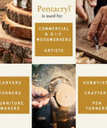 Hands using tools on wood with text highlighting uses of Green Wood Stabilizer For Fresh Wood That Prevents Cracking And Shrinking.