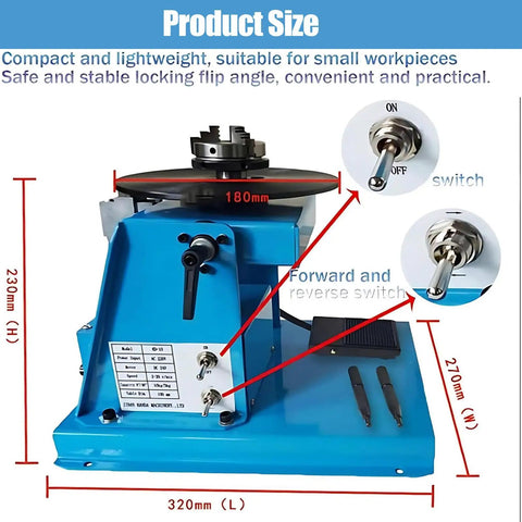 Smooth Sailing Rotary Welding Positioner 10kg with 180mm turntable and controls for speed and rotation, ideal for small workpieces.