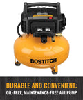 Front view of a black and yellow six-gallon pancake air compressor with 13-piece set, featuring Bostitch logo and durable handle.