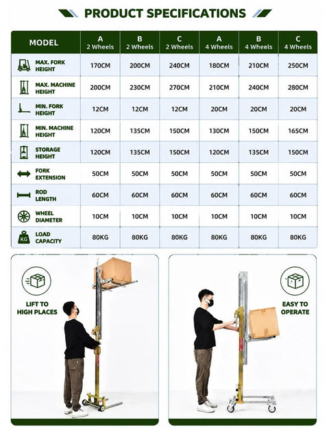 Compact Material Lift Stacker With Manual Winch Forklet Offers Easy Heavy-Duty Lifting For Small Loads Up To 80kg shown lifting a box.