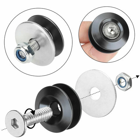 Universal Aluminum Quick Release Bumper Fastener Kit for Front and Rear Bumpers Trunk Fender Hatch Lids Black Easy Install Durable CNC Machined Clips Included, disassembled view