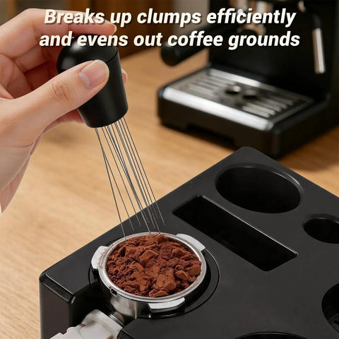 Game Changer 51 Mm Espresso Accessory Bundle featuring WDT wand breaking coffee clumps on a barista station.