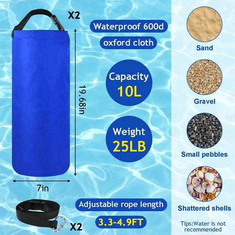 Two Pack 10L Beach Umbrella Sand Bags With 50x18 Cm Fillable Anchors Heavy Duty 600D Oxford 10-15 Kg Load Capacity Includes 2 Blue Bags And 2 Black Adjustable Straps For Outdoor Windproof Shade showcasing blue sandbag details.