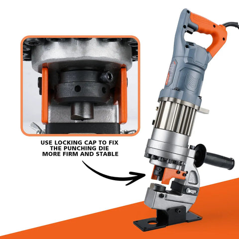 Heavy Duty 1300W Electric Hydraulic Hole Puncher For Metal Plates Up To 6 mm Thick with locking cap for stability, orange grey