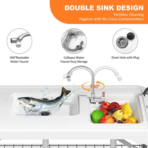Beefy All Weather Folding Fish Cleaning Table With Dual Sinks showcasing 360-degree faucet and drain features