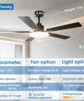 Diagram of 52 Inch Ceiling Fan With Light And Remote, Dimmable 3CCT, Reversible, Quiet Noiseless Black Ceiling Fan specifications.