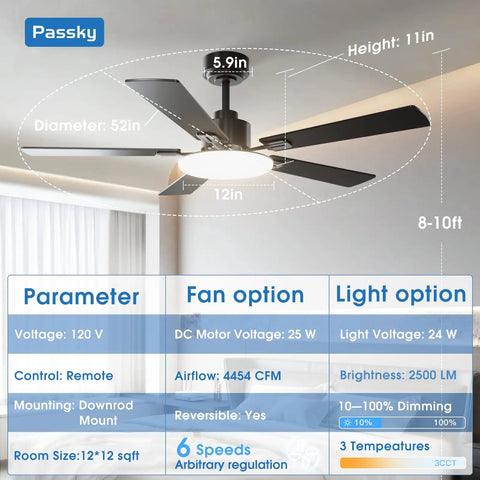 Diagram of 52 Inch Ceiling Fan With Light And Remote, Dimmable 3CCT, Reversible, Quiet Noiseless Black Ceiling Fan specifications.