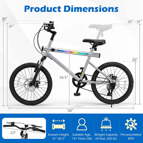 Dimensions of 20 Inch LED Lit Mountain Bike With Built In Stereo Speakers And Wireless Music, High Carbon Steel Frame