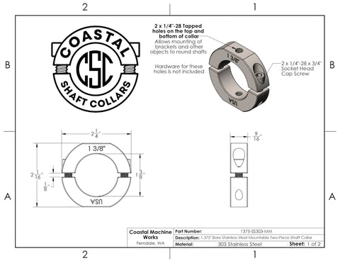 Heavy Duty Two Piece Shaft Collar With 1.375 Inch Bore And Tapped Holes For Straight Up Bracket Setup Rock Solid 303 Stainless Steel schematic diagram.